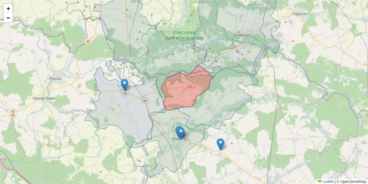 Szczegółowa mapa kodu pocztowego 42-164 z granicami, sąsiednimi kodami pocztowymi i urzędami pocztowymi