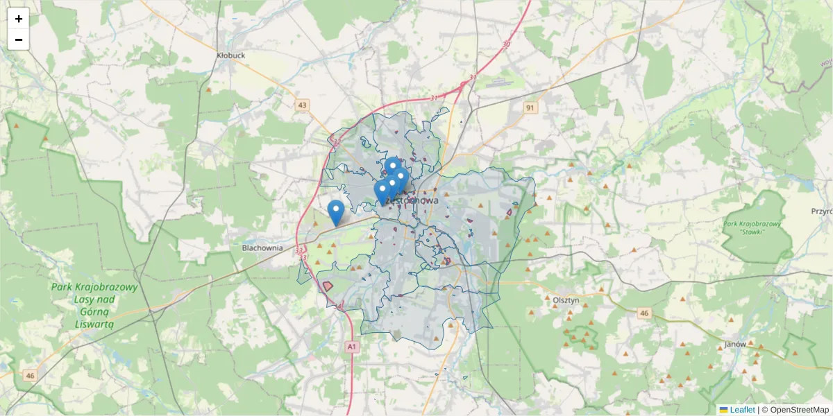 Szczegółowa mapa kodu pocztowego 42-200 z granicami, sąsiednimi kodami pocztowymi i urzędami pocztowymi