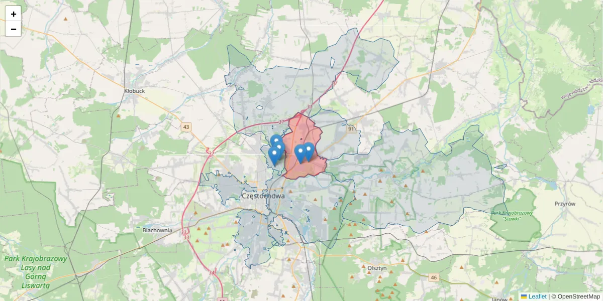 Szczegółowa mapa kodu pocztowego 42-209 z granicami, sąsiednimi kodami pocztowymi i urzędami pocztowymi