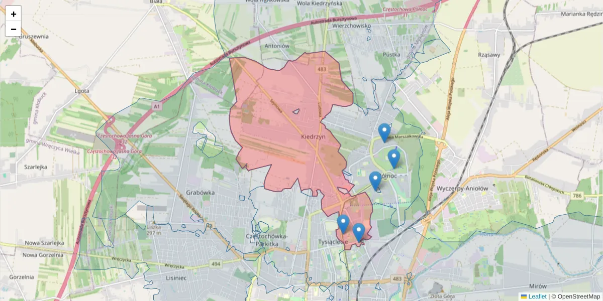 Szczegółowa mapa kodu pocztowego 42-215 z granicami, sąsiednimi kodami pocztowymi i urzędami pocztowymi