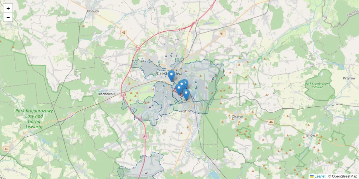 Szczegółowa mapa kodu pocztowego 42-216 z granicami, sąsiednimi kodami pocztowymi i urzędami pocztowymi