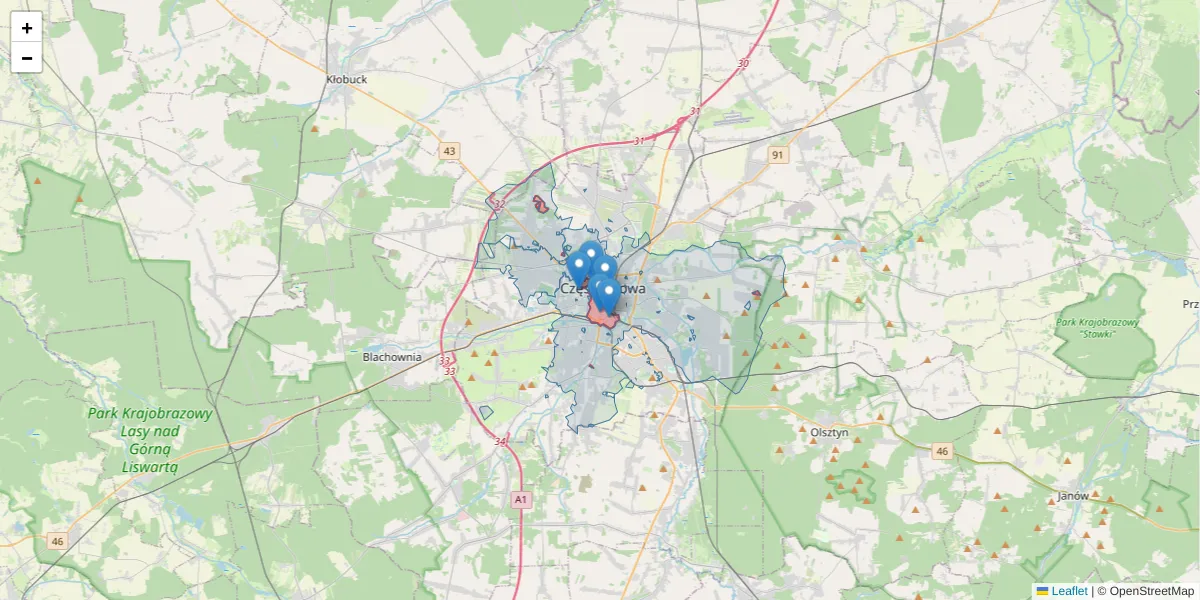 Szczegółowa mapa kodu pocztowego 42-217 z granicami, sąsiednimi kodami pocztowymi i urzędami pocztowymi
