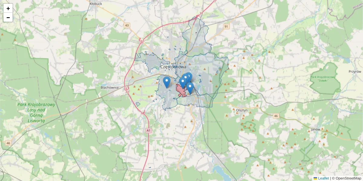 Szczegółowa mapa kodu pocztowego 42-229 z granicami, sąsiednimi kodami pocztowymi i urzędami pocztowymi