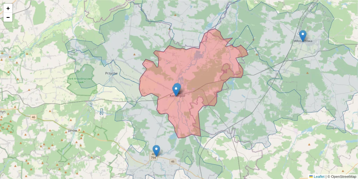 Szczegółowa mapa kodu pocztowego 42-230 z granicami, sąsiednimi kodami pocztowymi i urzędami pocztowymi