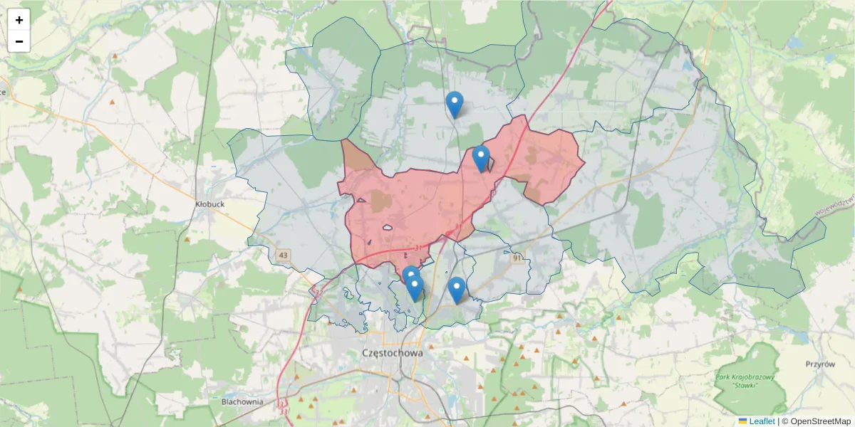 Szczegółowa mapa kodu pocztowego 42-233 z granicami, sąsiednimi kodami pocztowymi i urzędami pocztowymi