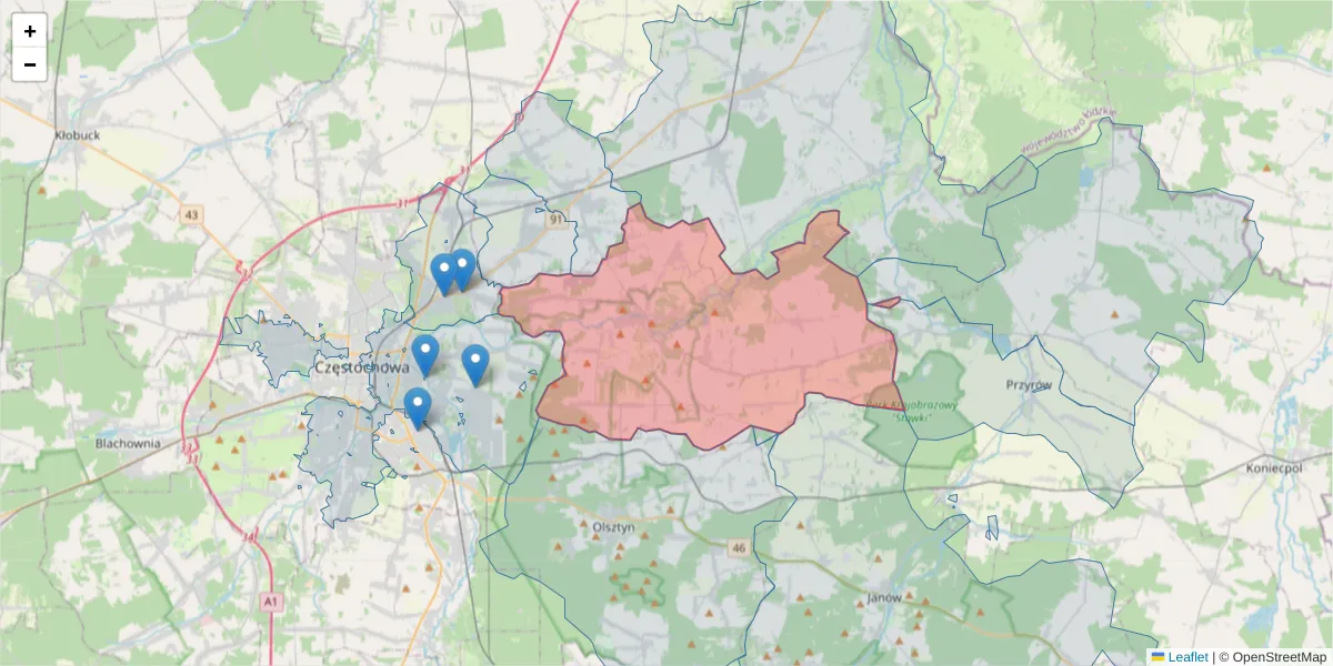 Szczegółowa mapa kodu pocztowego 42-244 z granicami, sąsiednimi kodami pocztowymi i urzędami pocztowymi