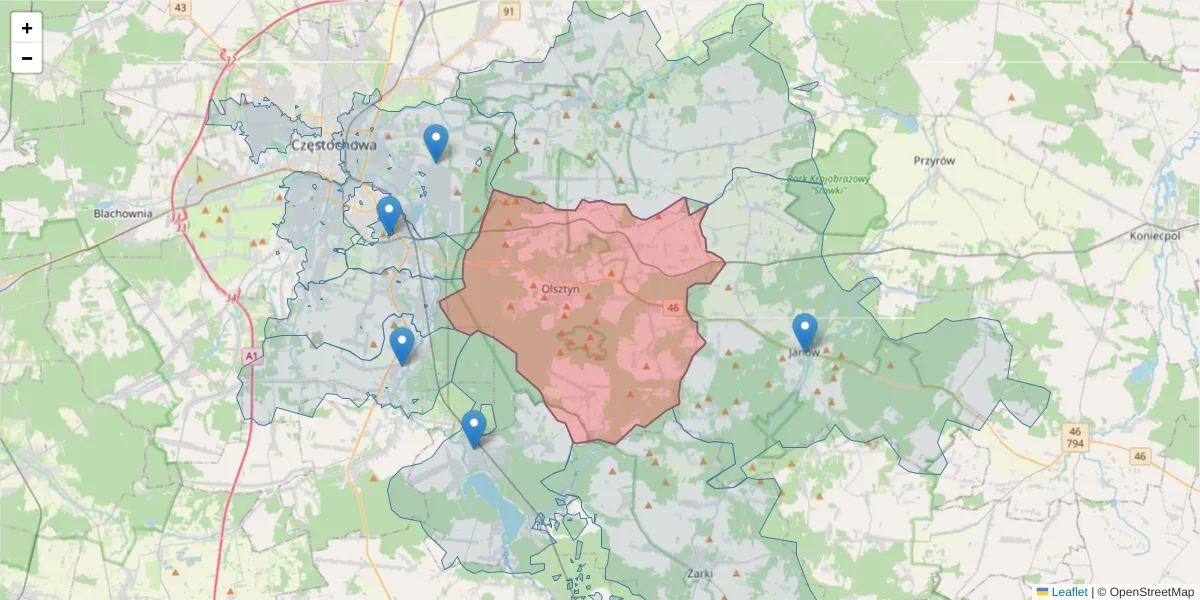 Szczegółowa mapa kodu pocztowego 42-256 z granicami, sąsiednimi kodami pocztowymi i urzędami pocztowymi