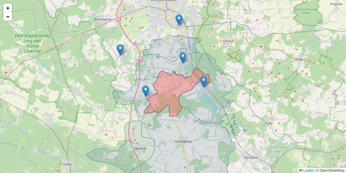 Szczegółowa mapa kodu pocztowego 42-260 z granicami, sąsiednimi kodami pocztowymi i urzędami pocztowymi