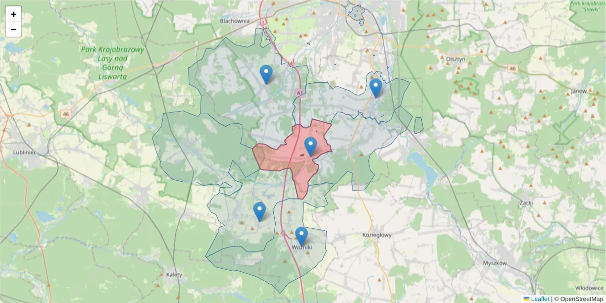Szczegółowa mapa kodu pocztowego 42-261 z granicami, sąsiednimi kodami pocztowymi i urzędami pocztowymi
