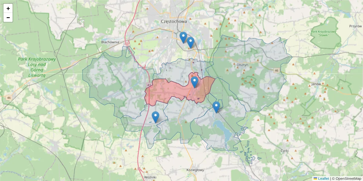 Szczegółowa mapa kodu pocztowego 42-262 z granicami, sąsiednimi kodami pocztowymi i urzędami pocztowymi