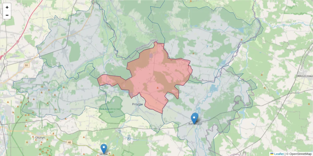 Szczegółowa mapa kodu pocztowego 42-265 z granicami, sąsiednimi kodami pocztowymi i urzędami pocztowymi
