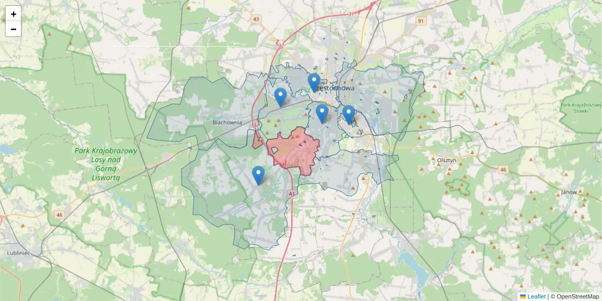 Szczegółowa mapa kodu pocztowego 42-271 z granicami, sąsiednimi kodami pocztowymi i urzędami pocztowymi