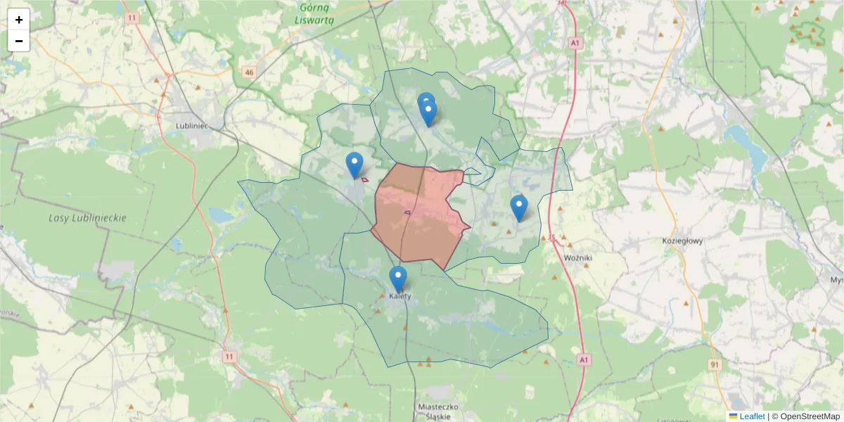 Szczegółowa mapa kodu pocztowego 42-288 z granicami, sąsiednimi kodami pocztowymi i urzędami pocztowymi