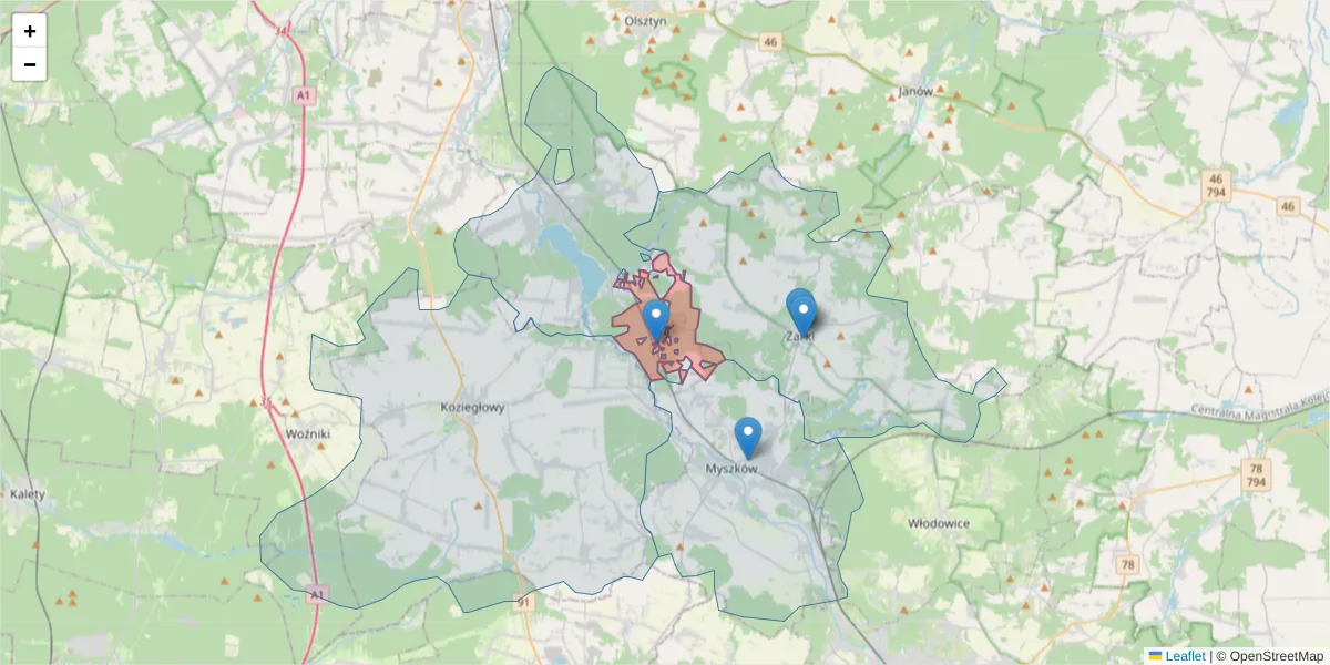 Szczegółowa mapa kodu pocztowego 42-311 z granicami, sąsiednimi kodami pocztowymi i urzędami pocztowymi