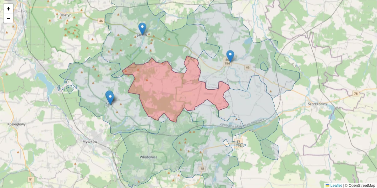 Szczegółowa mapa kodu pocztowego 42-320 z granicami, sąsiednimi kodami pocztowymi i urzędami pocztowymi