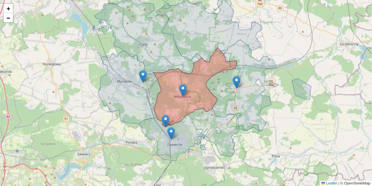 Szczegółowa mapa kodu pocztowego 42-421 z granicami, sąsiednimi kodami pocztowymi i urzędami pocztowymi