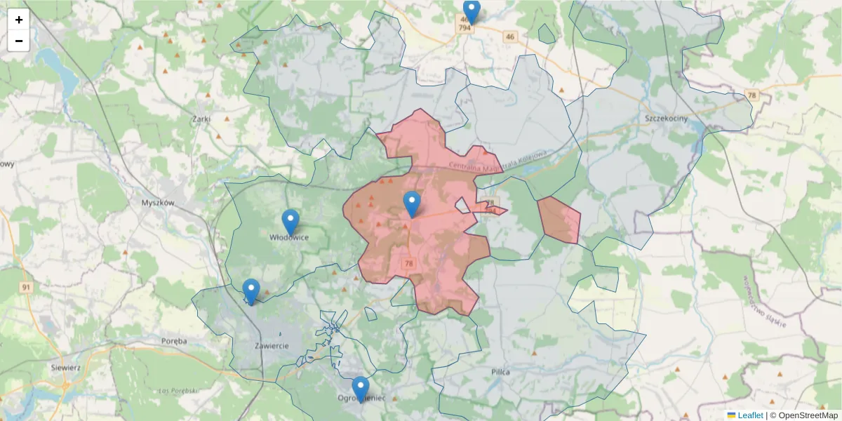 Szczegółowa mapa kodu pocztowego 42-425 z granicami, sąsiednimi kodami pocztowymi i urzędami pocztowymi
