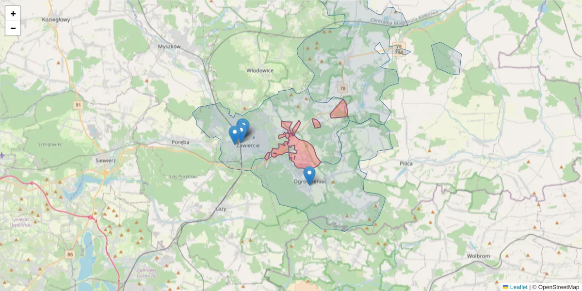 Szczegółowa mapa kodu pocztowego 42-431 z granicami, sąsiednimi kodami pocztowymi i urzędami pocztowymi