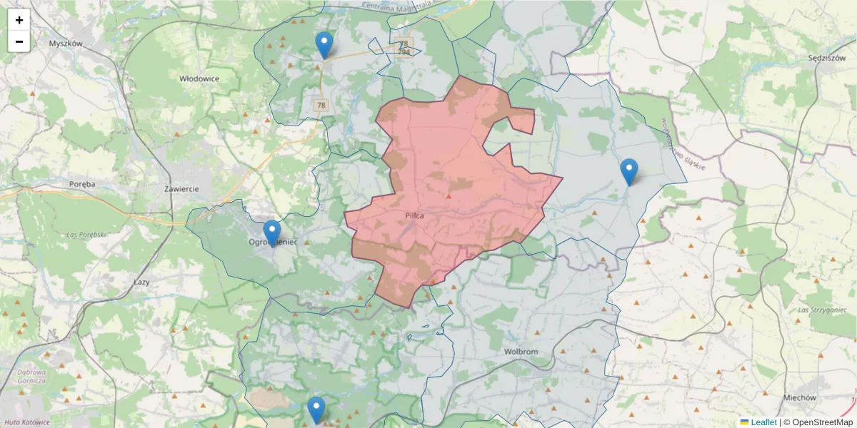 Szczegółowa mapa kodu pocztowego 42-436 z granicami, sąsiednimi kodami pocztowymi i urzędami pocztowymi
