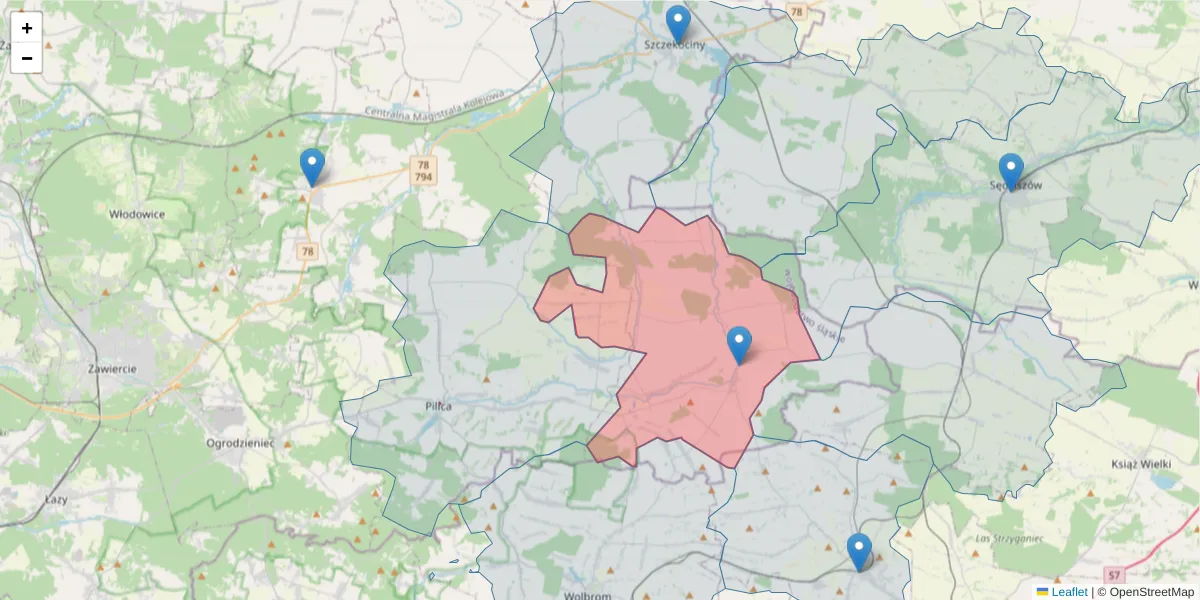 Szczegółowa mapa kodu pocztowego 42-439 z granicami, sąsiednimi kodami pocztowymi i urzędami pocztowymi