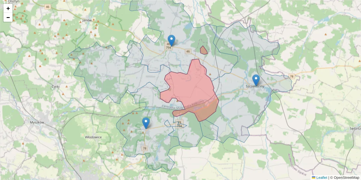 Szczegółowa mapa kodu pocztowego 42-446 z granicami, sąsiednimi kodami pocztowymi i urzędami pocztowymi