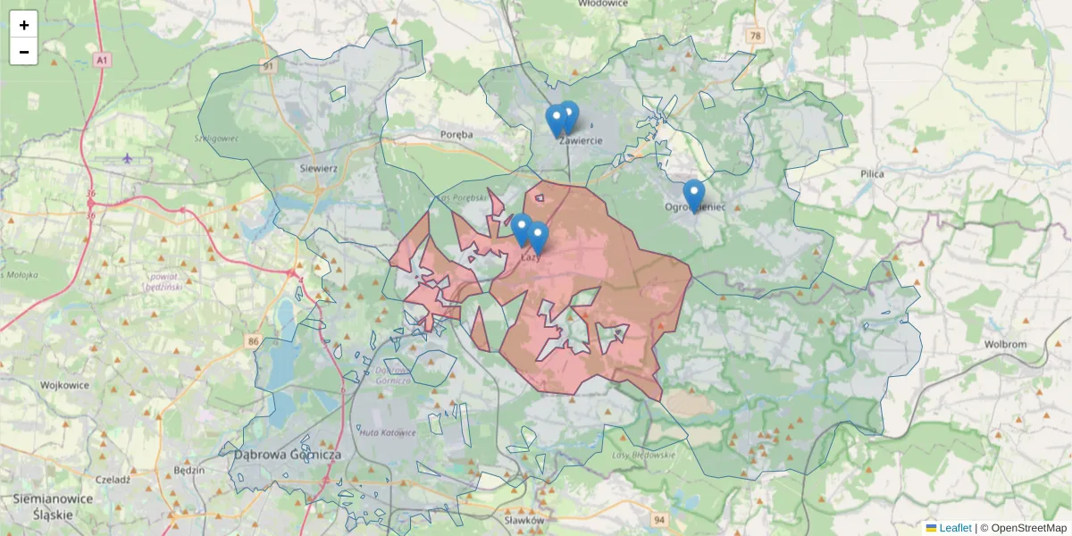 Szczegółowa mapa kodu pocztowego 42-450 z granicami, sąsiednimi kodami pocztowymi i urzędami pocztowymi