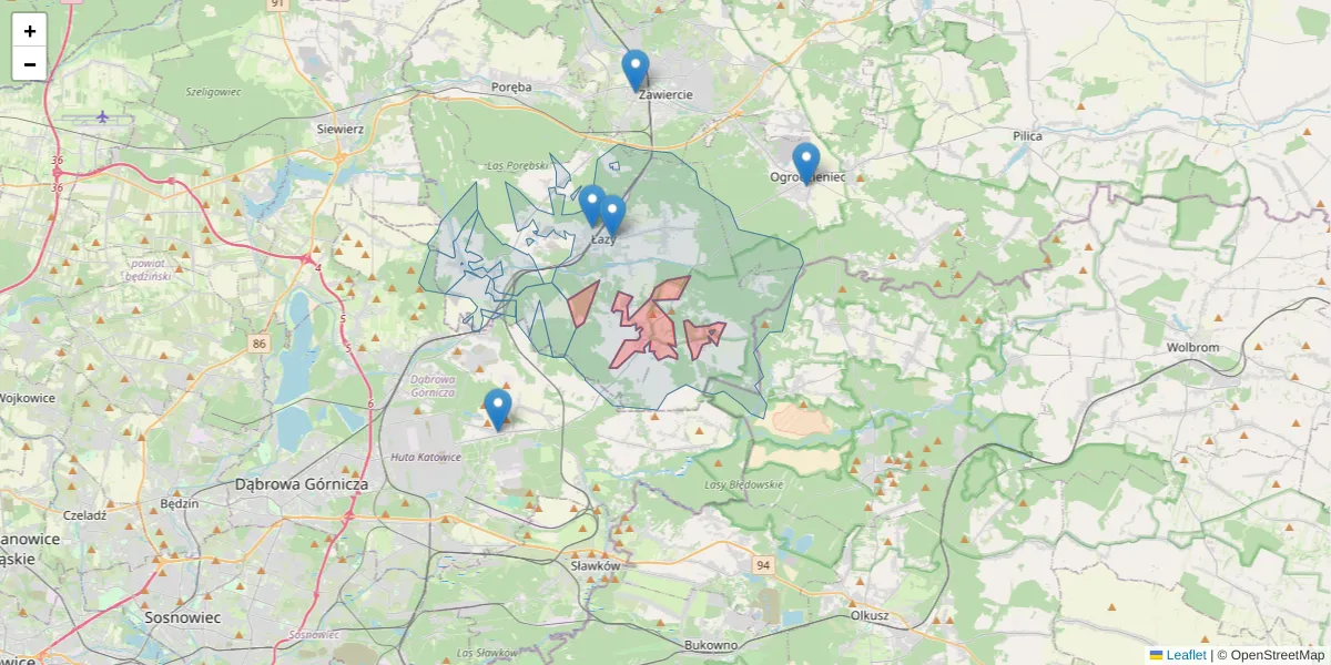 Szczegółowa mapa kodu pocztowego 42-454 z granicami, sąsiednimi kodami pocztowymi i urzędami pocztowymi
