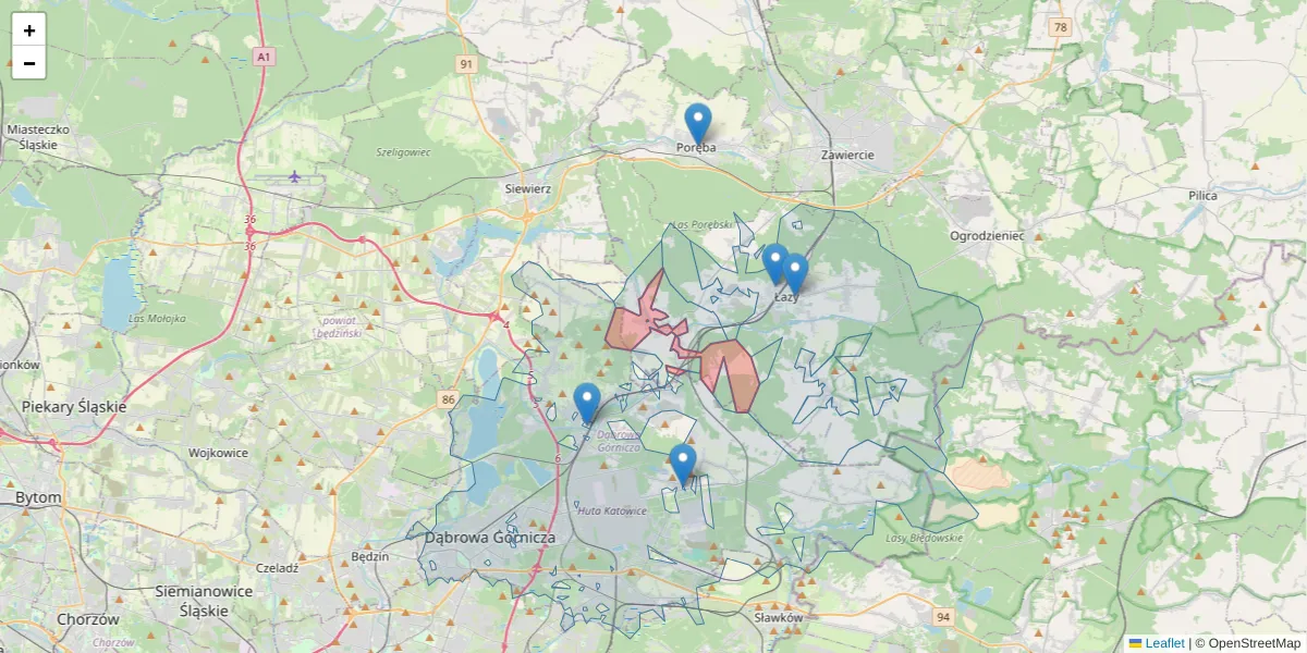 Szczegółowa mapa kodu pocztowego 42-456 z granicami, sąsiednimi kodami pocztowymi i urzędami pocztowymi