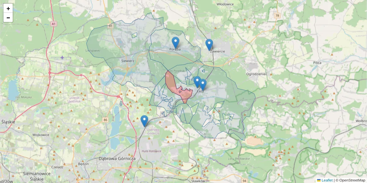Szczegółowa mapa kodu pocztowego 42-457 z granicami, sąsiednimi kodami pocztowymi i urzędami pocztowymi