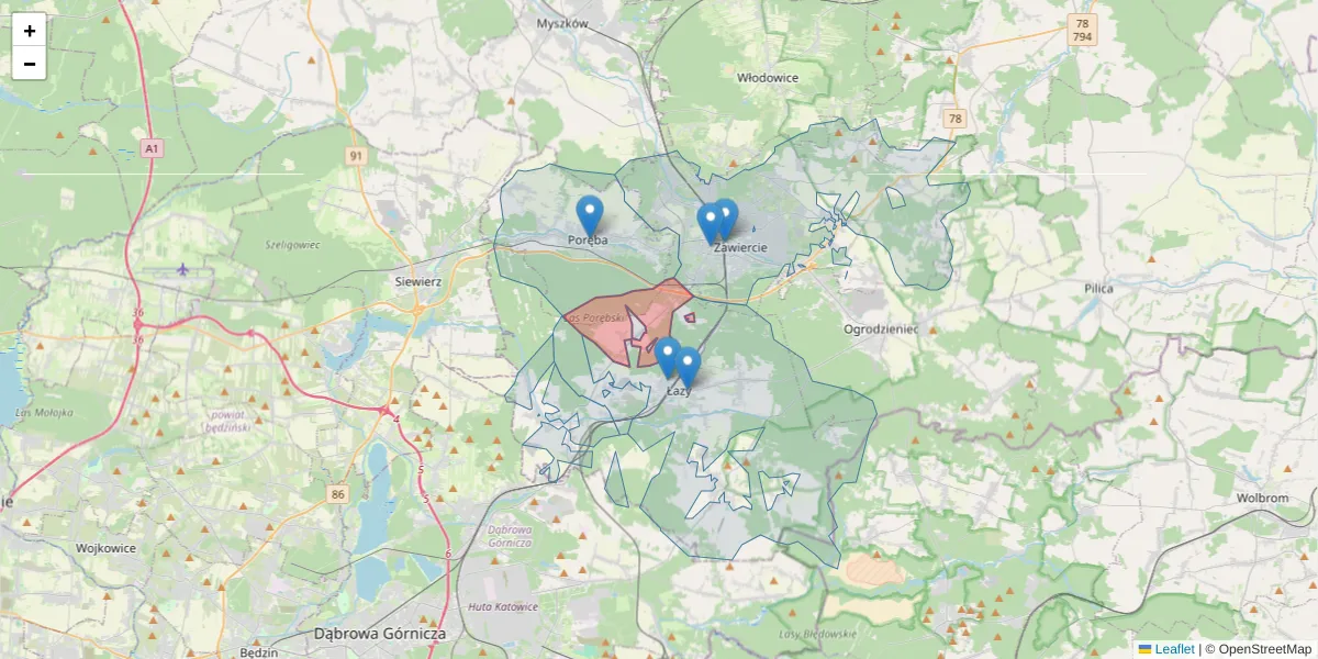 Szczegółowa mapa kodu pocztowego 42-458 z granicami, sąsiednimi kodami pocztowymi i urzędami pocztowymi