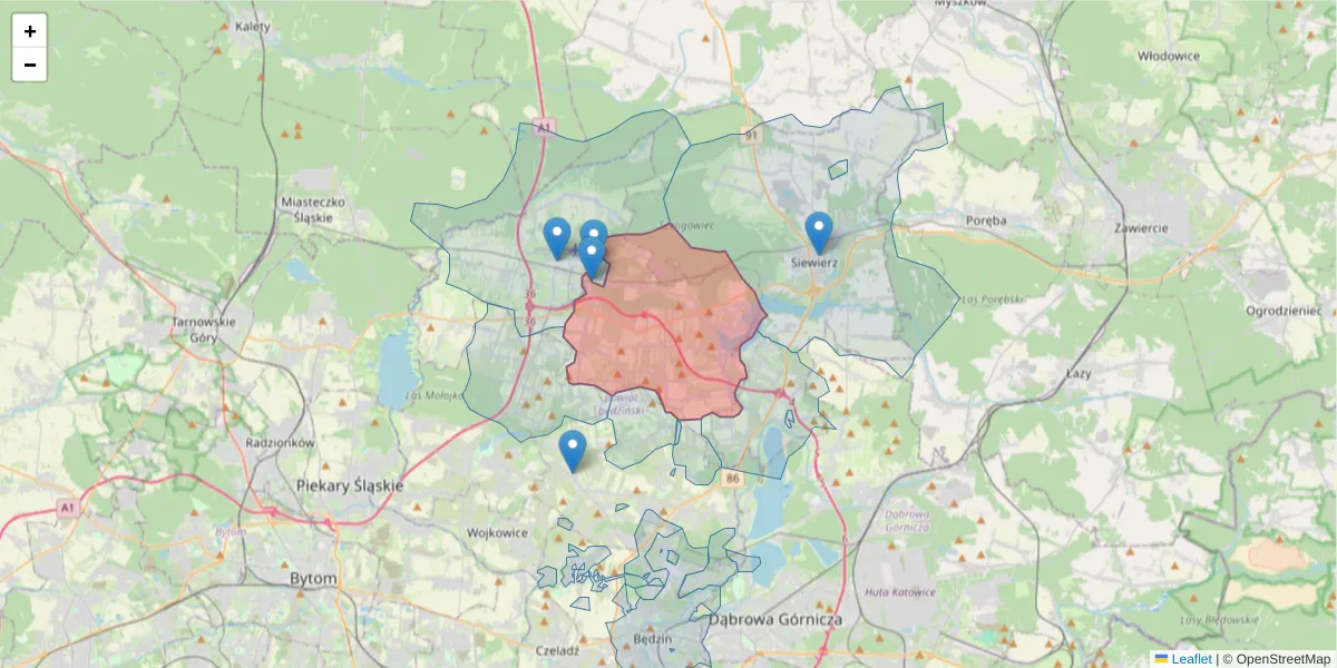 Szczegółowa mapa kodu pocztowego 42-460 z granicami, sąsiednimi kodami pocztowymi i urzędami pocztowymi