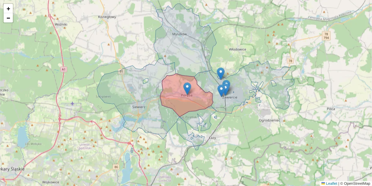 Szczegółowa mapa kodu pocztowego 42-480 z granicami, sąsiednimi kodami pocztowymi i urzędami pocztowymi
