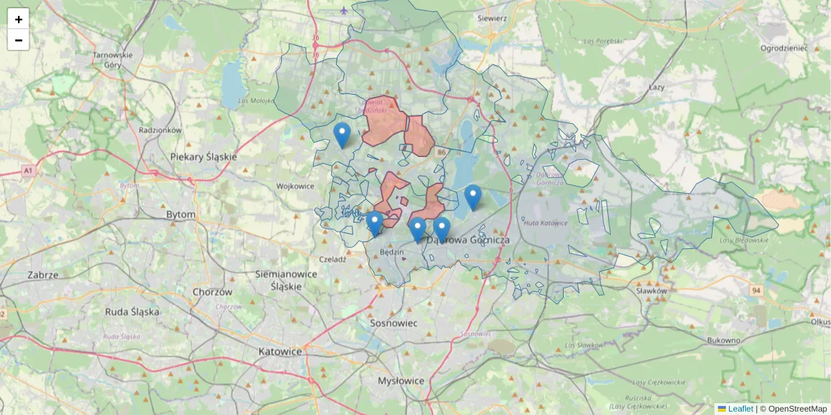 Szczegółowa mapa kodu pocztowego 42-504 z granicami, sąsiednimi kodami pocztowymi i urzędami pocztowymi