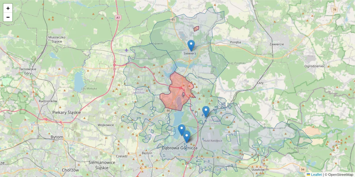 Szczegółowa mapa kodu pocztowego 42-510 z granicami, sąsiednimi kodami pocztowymi i urzędami pocztowymi