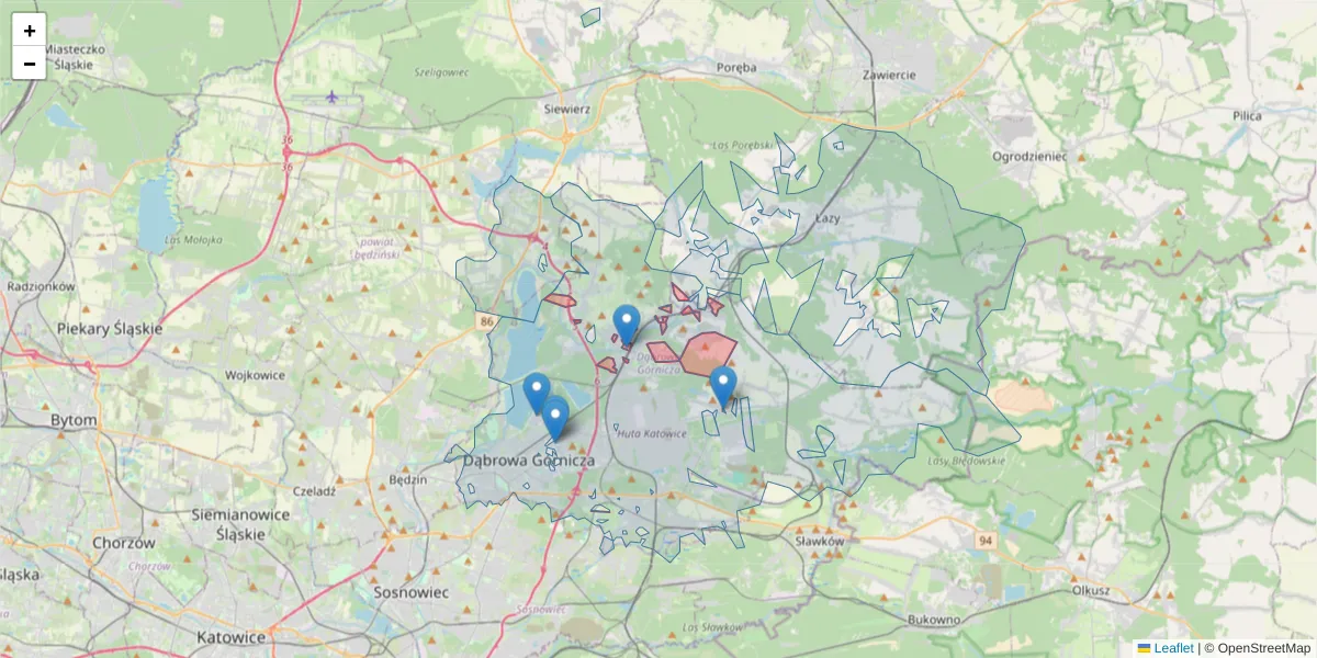 Szczegółowa mapa kodu pocztowego 42-520 z granicami, sąsiednimi kodami pocztowymi i urzędami pocztowymi