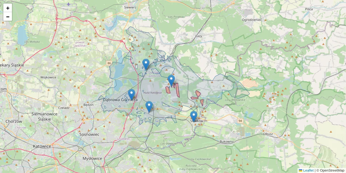 Szczegółowa mapa kodu pocztowego 42-523 z granicami, sąsiednimi kodami pocztowymi i urzędami pocztowymi