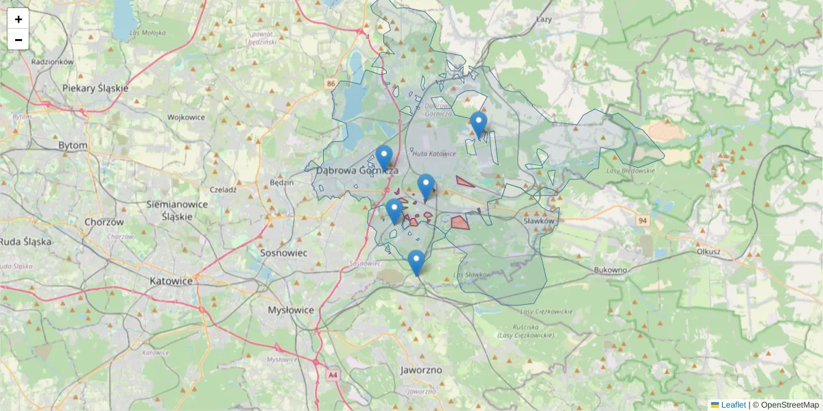 Szczegółowa mapa kodu pocztowego 42-530 z granicami, sąsiednimi kodami pocztowymi i urzędami pocztowymi