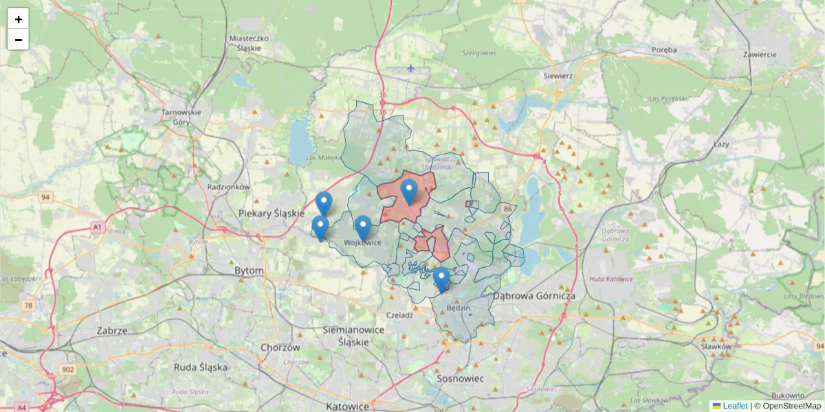 Szczegółowa mapa kodu pocztowego 42-575 z granicami, sąsiednimi kodami pocztowymi i urzędami pocztowymi