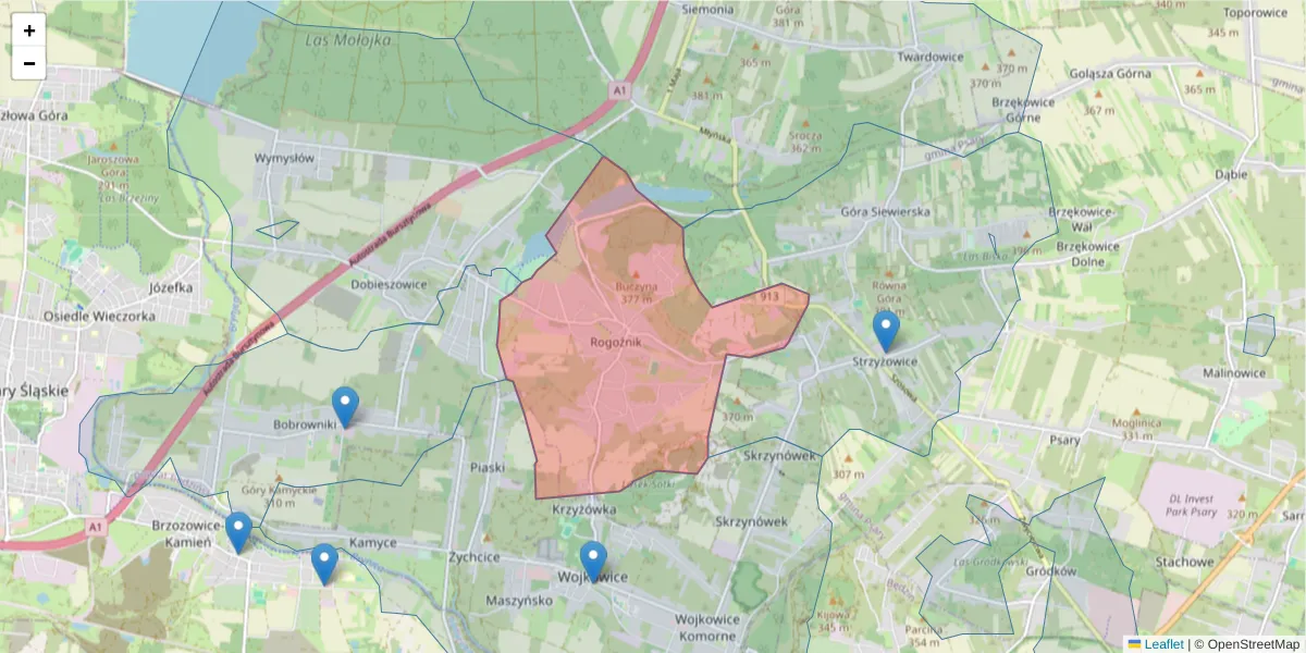 Szczegółowa mapa kodu pocztowego 42-582 z granicami, sąsiednimi kodami pocztowymi i urzędami pocztowymi