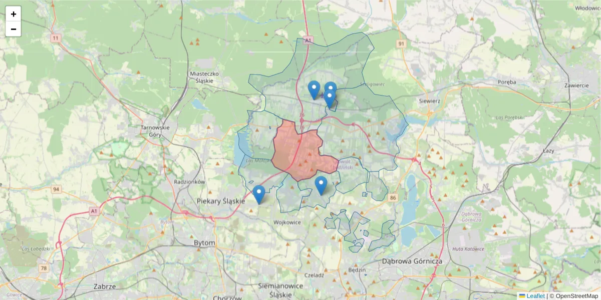 Szczegółowa mapa kodu pocztowego 42-595 z granicami, sąsiednimi kodami pocztowymi i urzędami pocztowymi