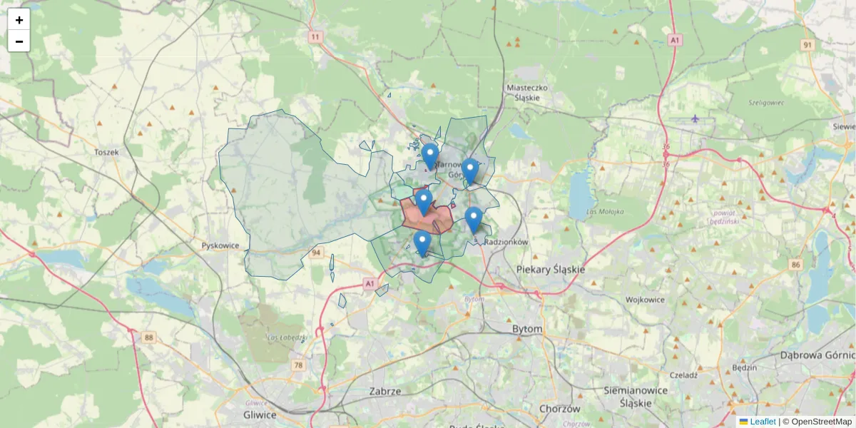 Szczegółowa mapa kodu pocztowego 42-603 z granicami, sąsiednimi kodami pocztowymi i urzędami pocztowymi