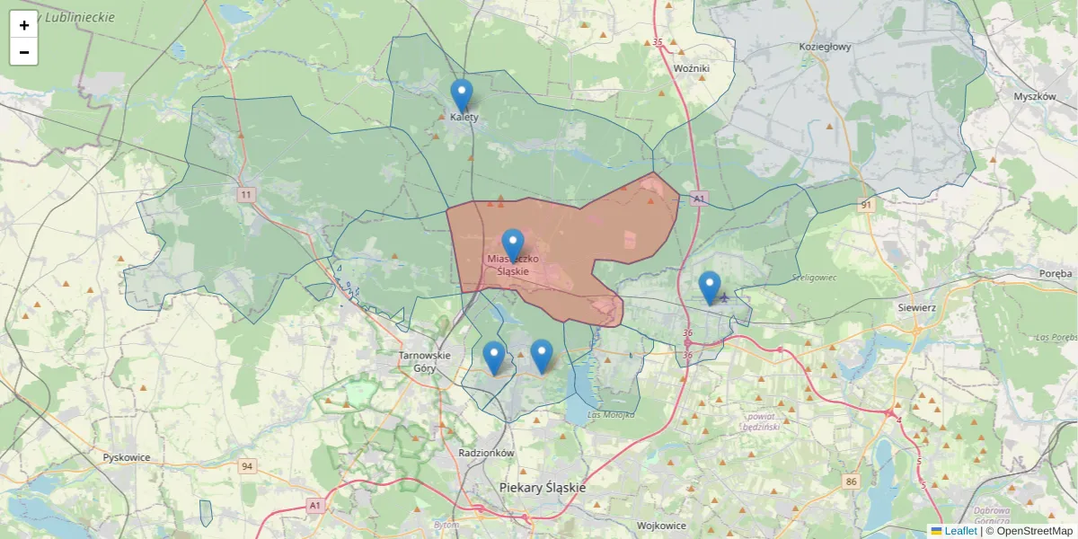 Szczegółowa mapa kodu pocztowego 42-610 z granicami, sąsiednimi kodami pocztowymi i urzędami pocztowymi