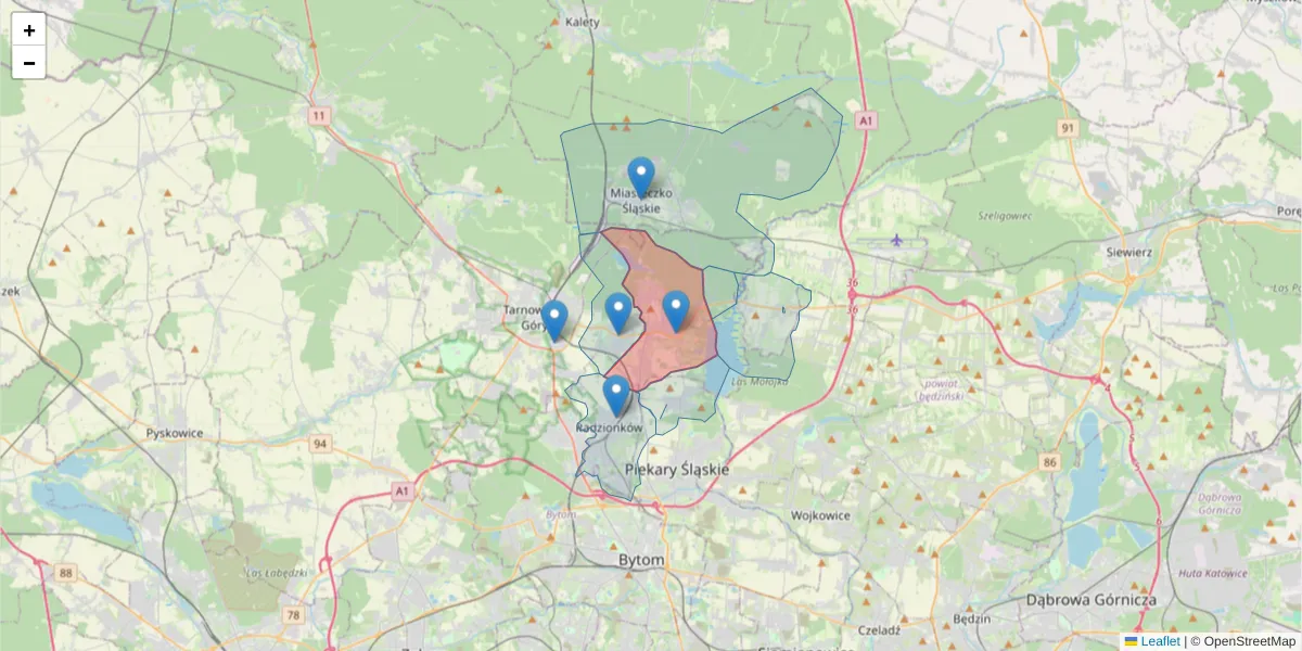Szczegółowa mapa kodu pocztowego 42-622 z granicami, sąsiednimi kodami pocztowymi i urzędami pocztowymi