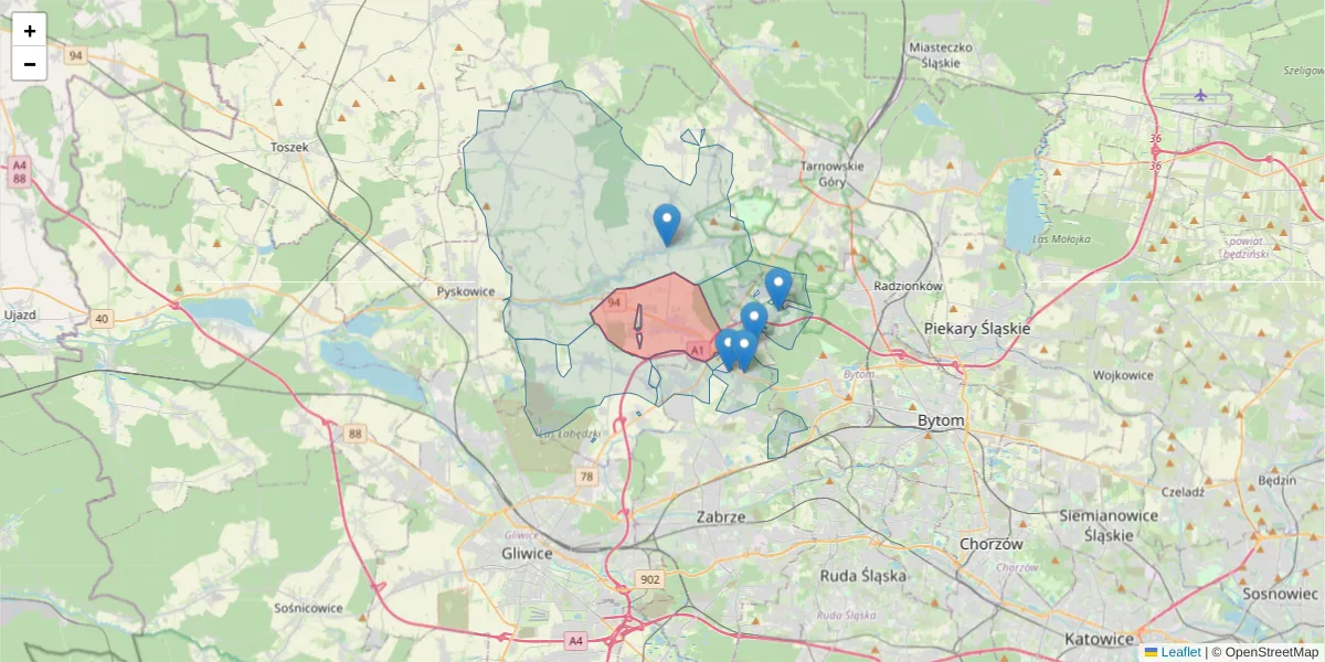 Szczegółowa mapa kodu pocztowego 42-672 z granicami, sąsiednimi kodami pocztowymi i urzędami pocztowymi