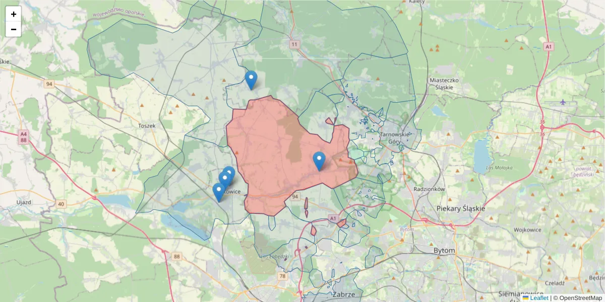 Szczegółowa mapa kodu pocztowego 42-674 z granicami, sąsiednimi kodami pocztowymi i urzędami pocztowymi