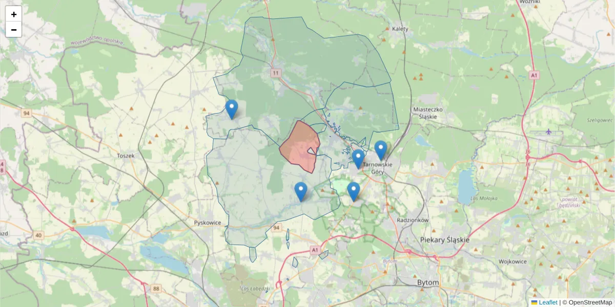Szczegółowa mapa kodu pocztowego 42-676 z granicami, sąsiednimi kodami pocztowymi i urzędami pocztowymi