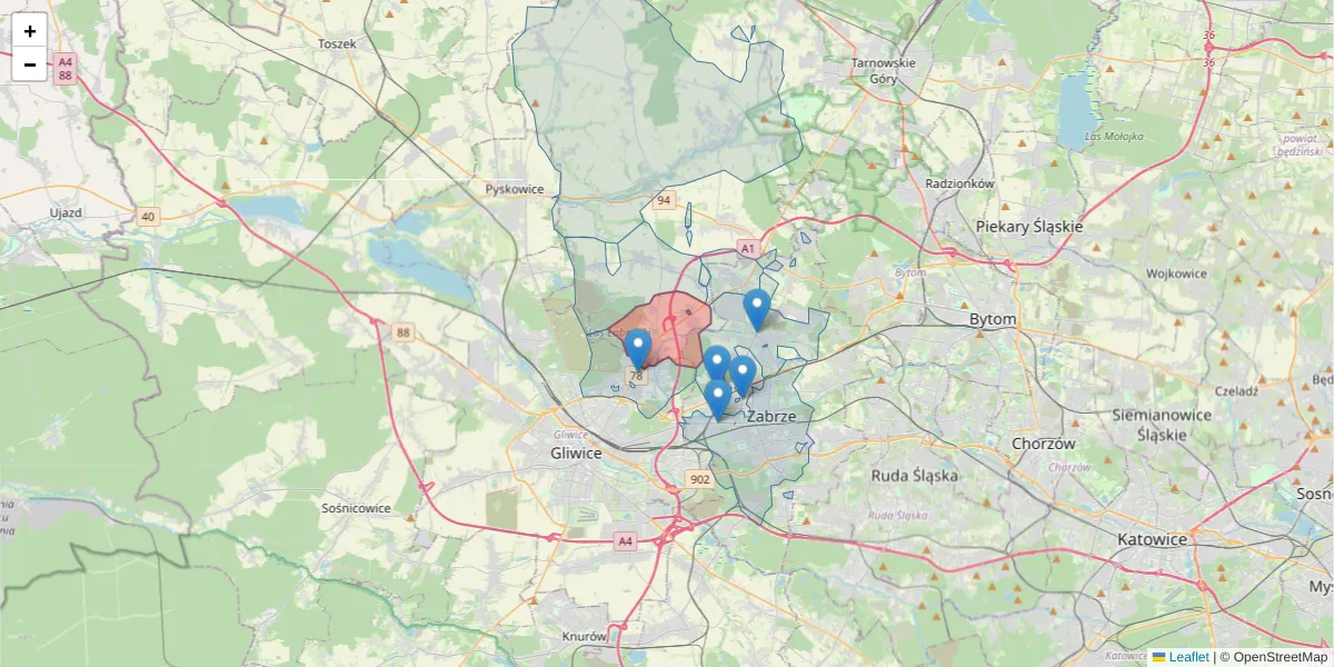 Szczegółowa mapa kodu pocztowego 42-677 z granicami, sąsiednimi kodami pocztowymi i urzędami pocztowymi