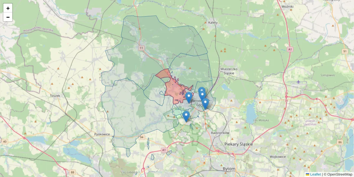 Szczegółowa mapa kodu pocztowego 42-680 z granicami, sąsiednimi kodami pocztowymi i urzędami pocztowymi