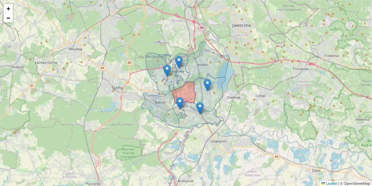 Szczegółowa mapa kodu pocztowego 43-144 z granicami, sąsiednimi kodami pocztowymi i urzędami pocztowymi