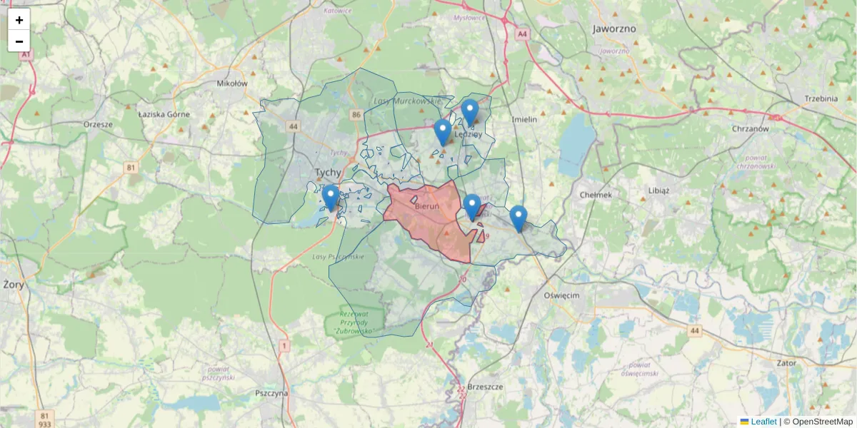 Szczegółowa mapa kodu pocztowego 43-150 z granicami, sąsiednimi kodami pocztowymi i urzędami pocztowymi